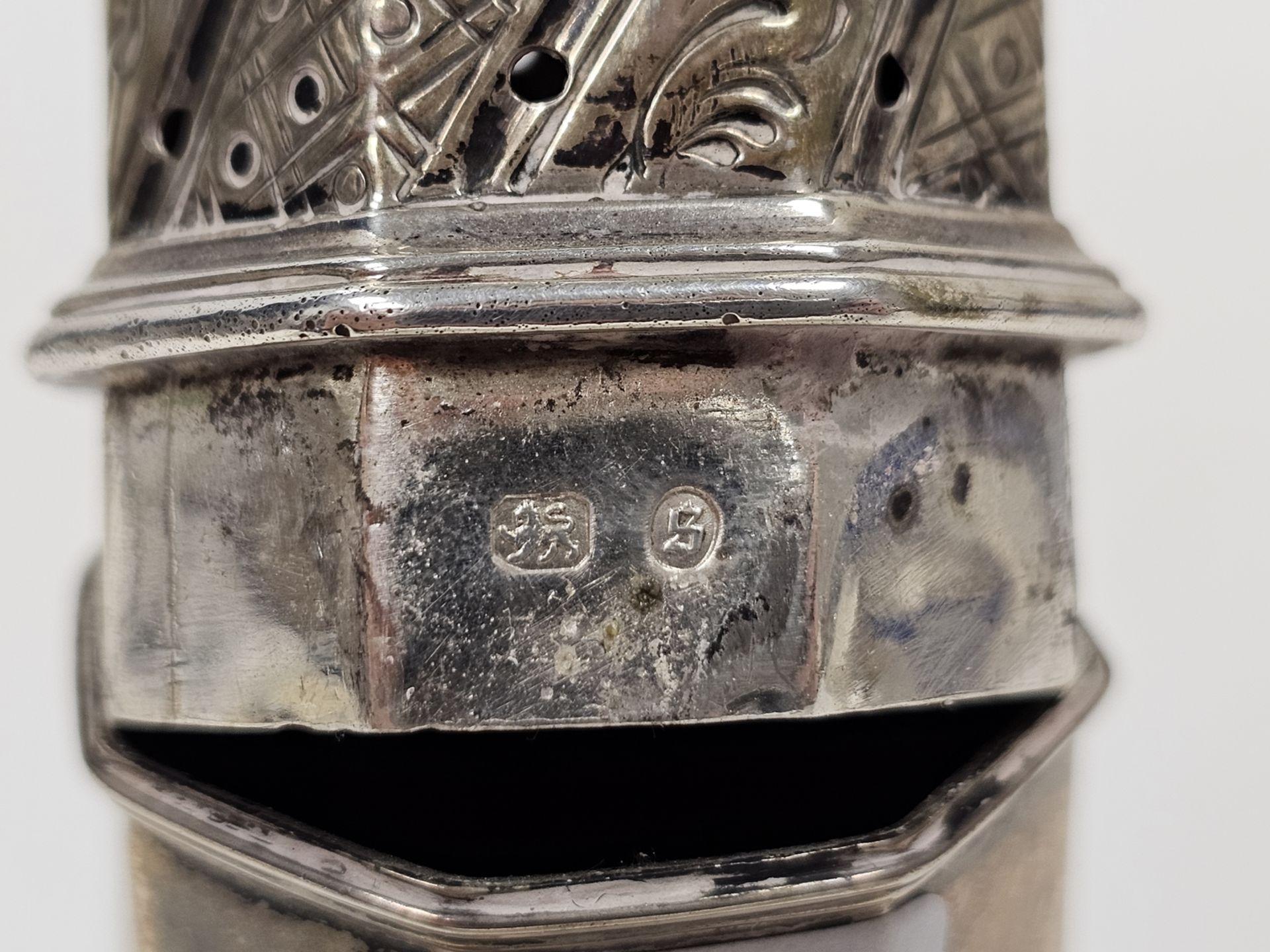 Silver sugar caster by Stokes & Ireland Limited, Birmingham 1892, of panel baluster form with - Image 3 of 3