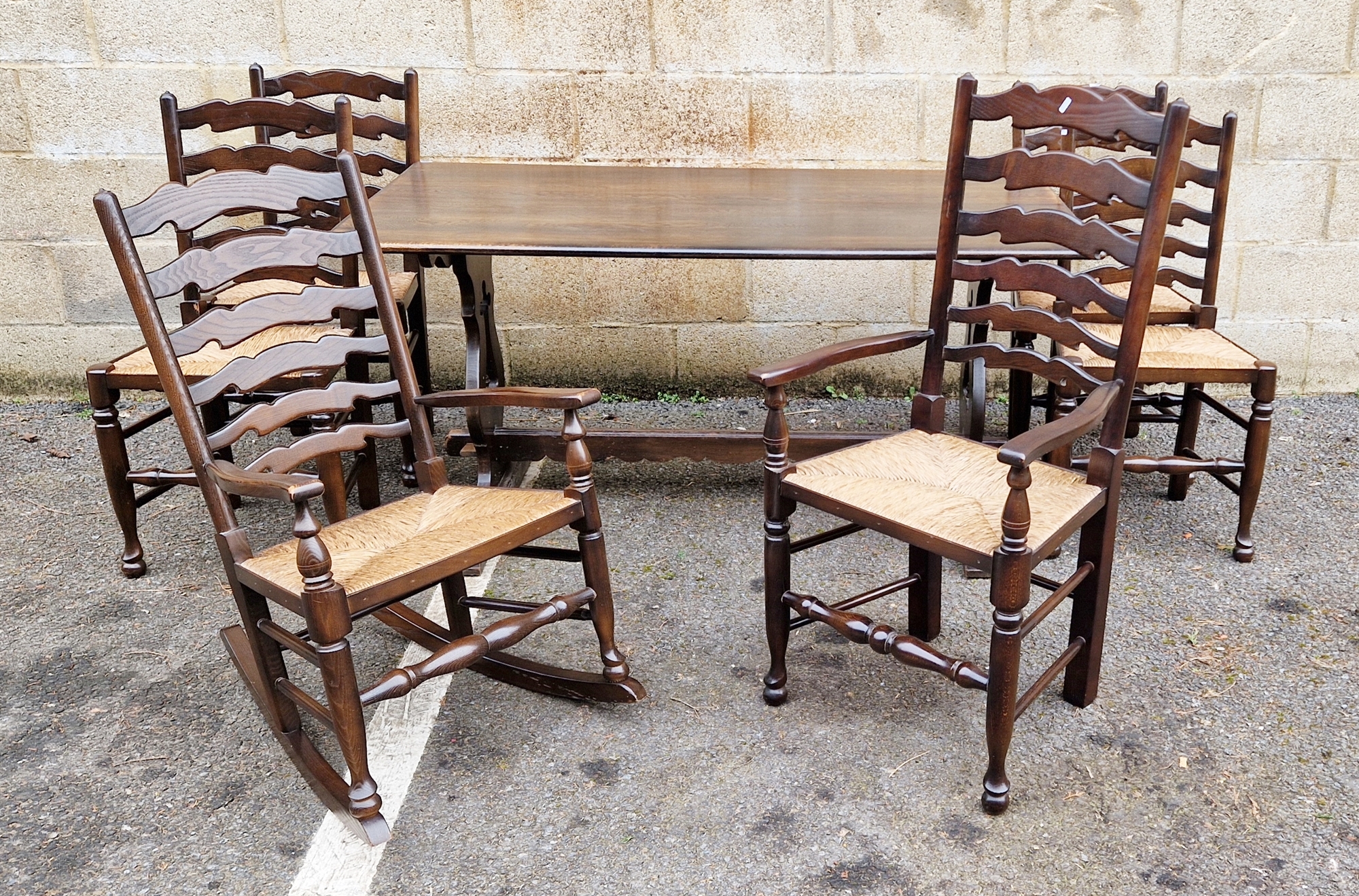 20th century oak dining table of rectangular form, 75cm high x 151cm long x 82cm deep and a set of