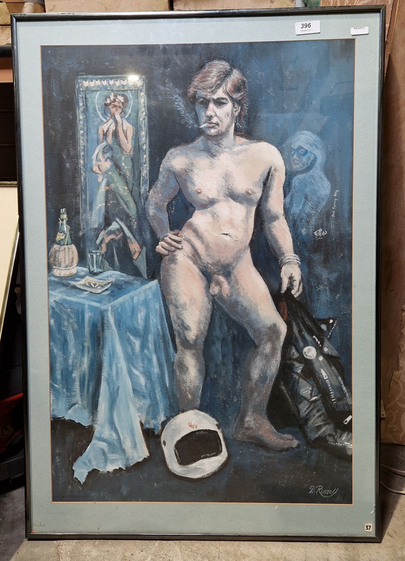 Derrick Russell (20th century) Acrylic on card "One Sunny Day", portrait of a nude male, signed - Image 2 of 3