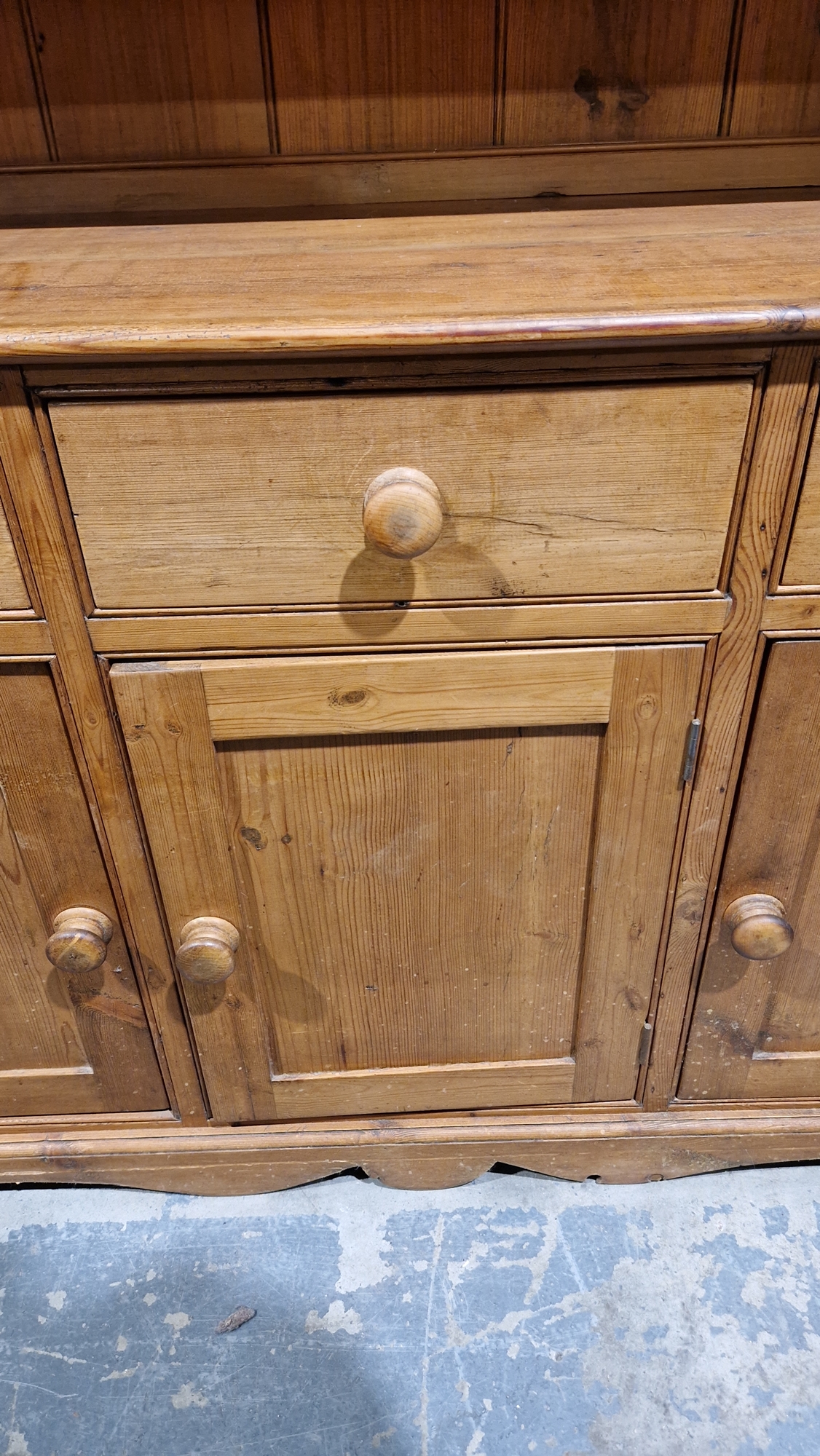 19th century pine kitchen dresser, the top section with two plateracks and five short drawers, the - Image 13 of 17