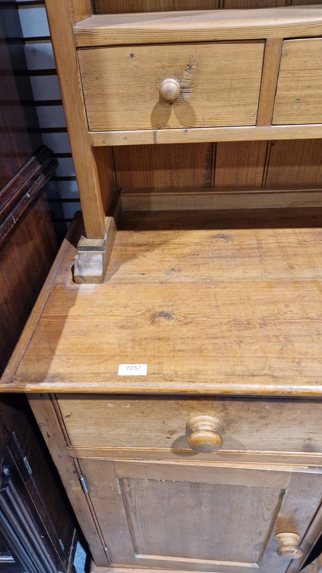 19th century pine kitchen dresser, the top section with two plateracks and five short drawers, the - Image 8 of 17