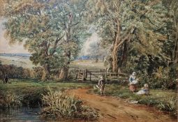 David Cox Snr OWS (British,1783-1859) Watercolour Rural scene with flower pickers next to path,