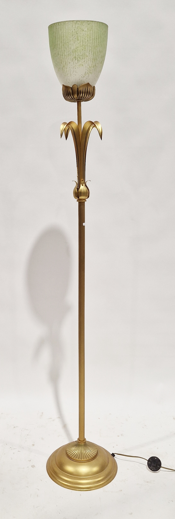 20th century gilt metal standard lamp with mottled and ribbed glass shade, with ribbed column, on