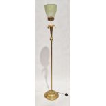 20th century gilt metal standard lamp with mottled and ribbed glass shade, with ribbed column, on