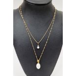 Gold and white stone pendant with oval pearl drop, small stones to the loop, on 9ct gold fancy chain