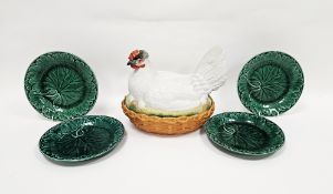 Staffordshire-style hen on nest egg tureen fitted with egg stand and six egg cups to interior,
