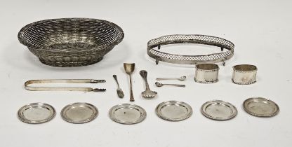White metal basket of oval woven design, 25cm long, a set of six 800 standard circular pin dishes, a