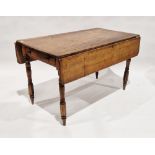 19th century pine dining table of rectangular form, on turned legs, 71cm x 120cm wide x 68cm deep