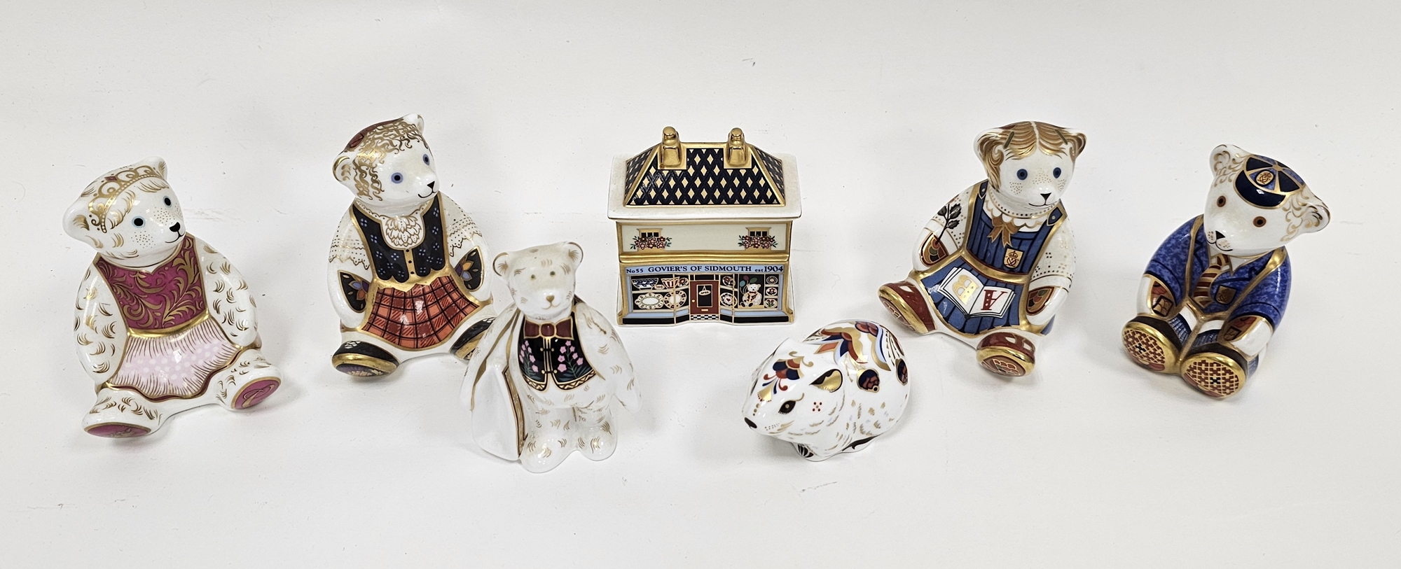 Five Royal Crown Derby bone china Imari teddy bear paperweights, a bank vole and a model of Govier's - Image 2 of 6