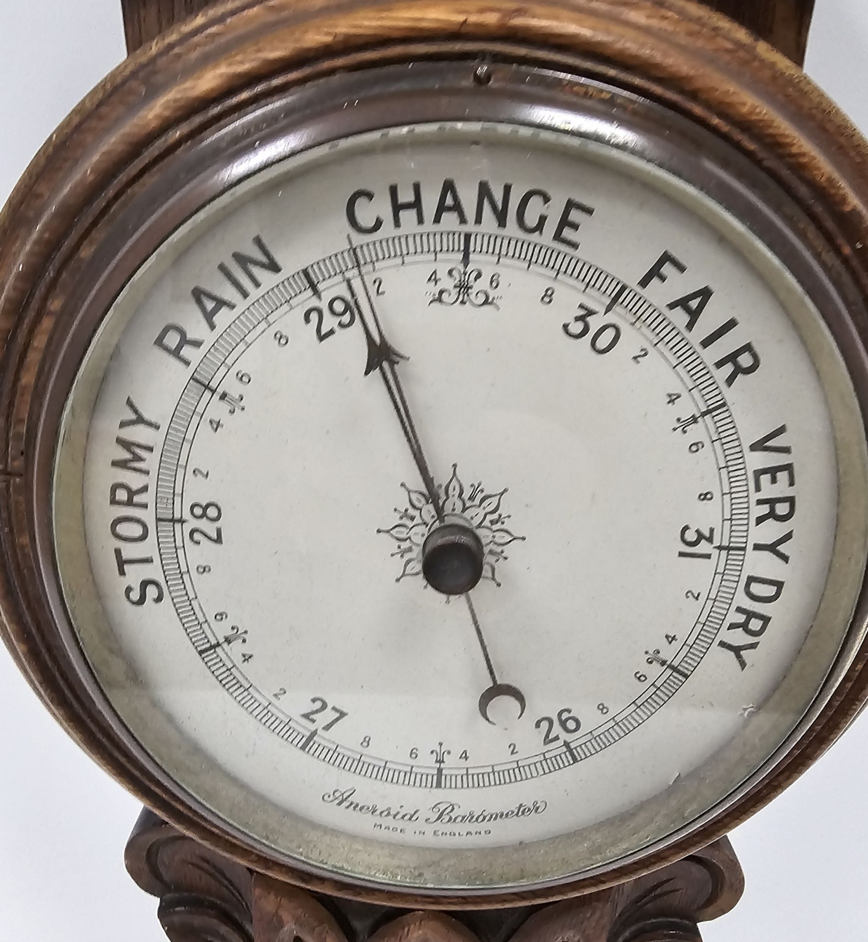 19th century oak cased elaborately carved banjo barometer marked 'Aneroid Barometer, Made in - Image 2 of 4