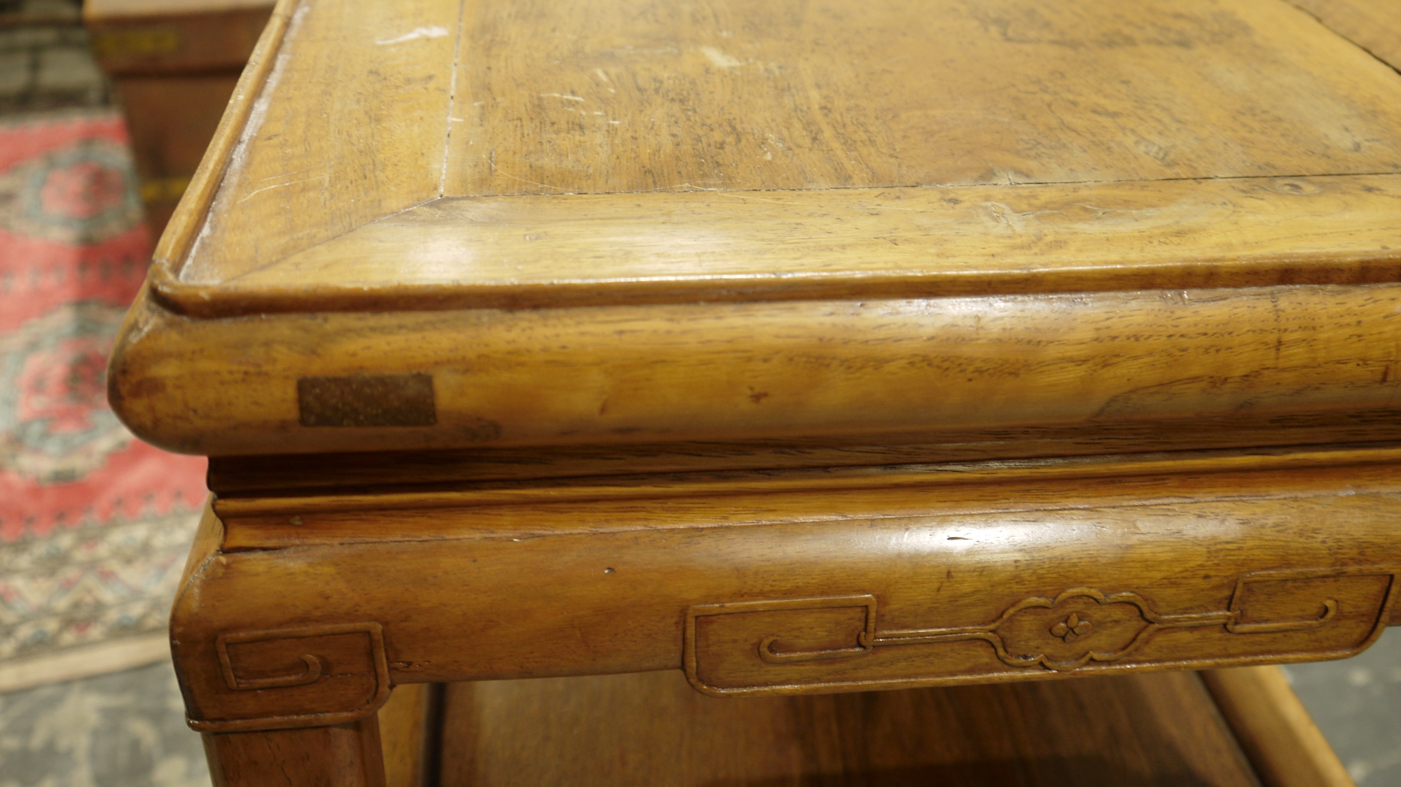 Pair of Chinese Longyanmu (tiger-skin wood) side tables, each of square form with stylised carved - Image 8 of 9