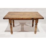 19th century pine dining table of rectangular form, on turned legs, 74cm high x 138cm long x 91cm