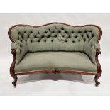 Victorian mahogany-framed parlour sofa, with scroll button back and foliate carved frame,