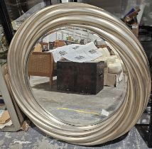Modern silver painted bevelled edge wall mirror of circular form, 106cm diameter