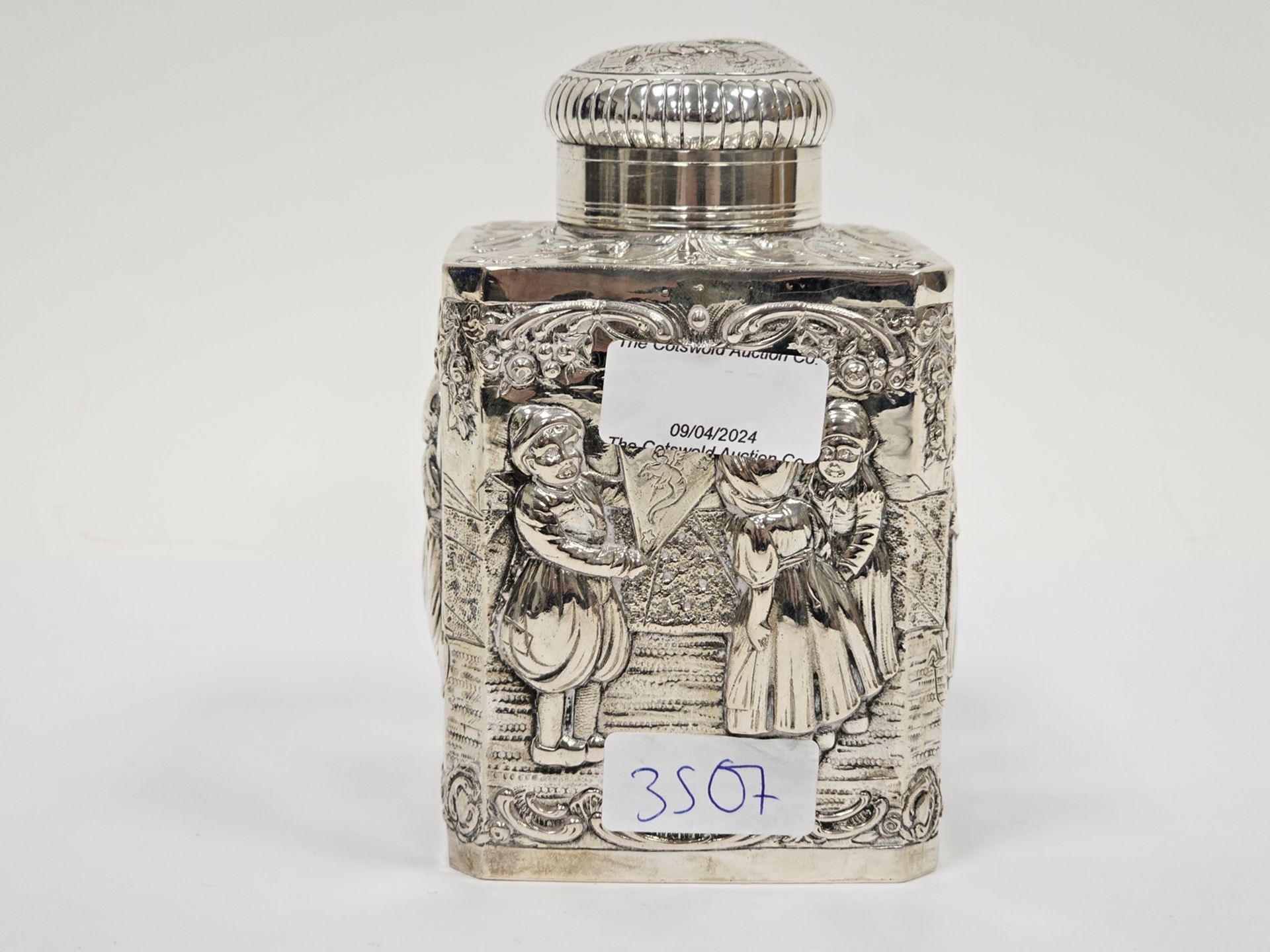 Dutch silver-coloured metal tea caddy, square-section, the domed cover with picture of boy beside - Image 3 of 5