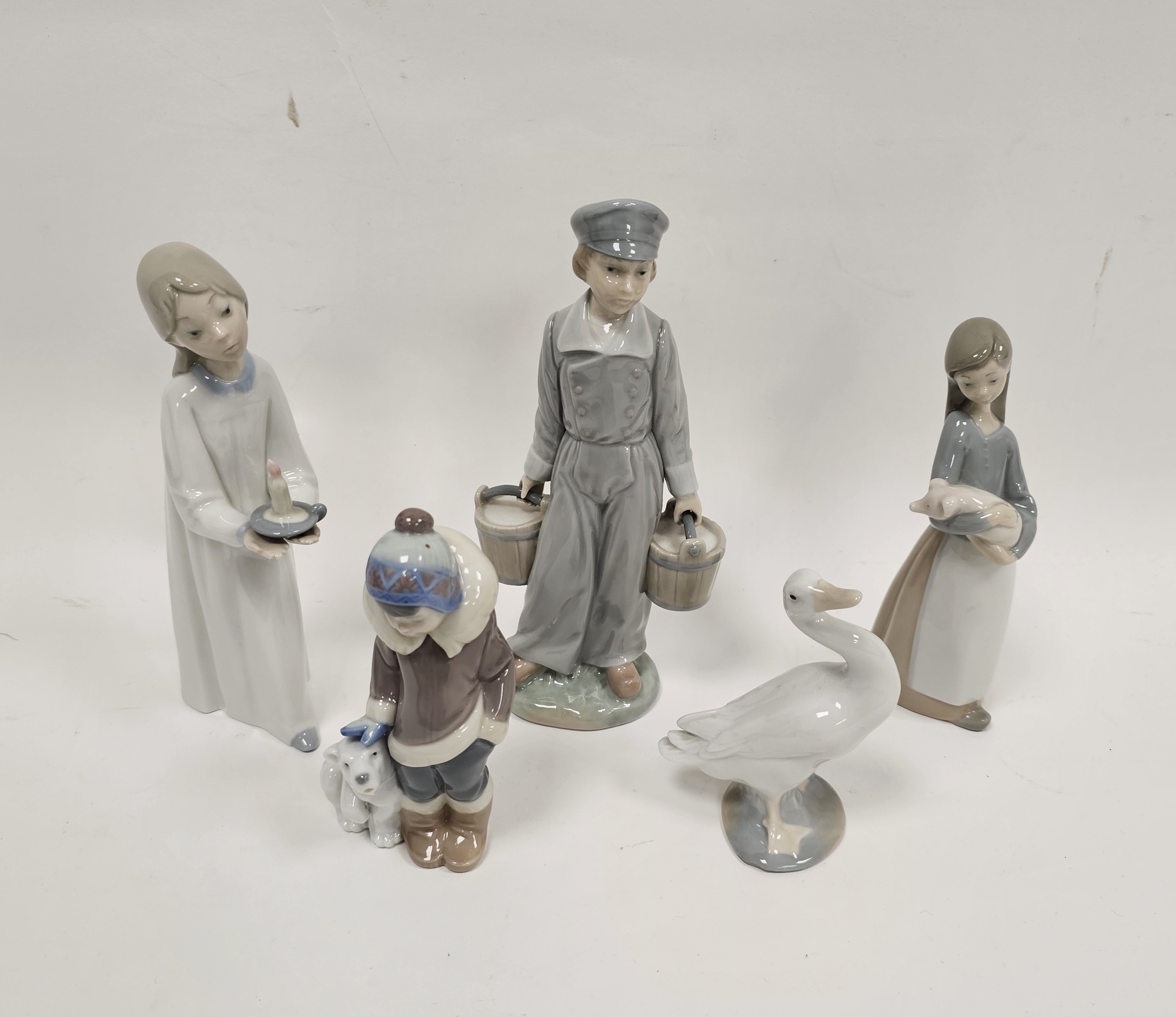 Collection of Lladro figures comprising a girl with candlestick, a boy holding two pails, a boy - Image 2 of 5