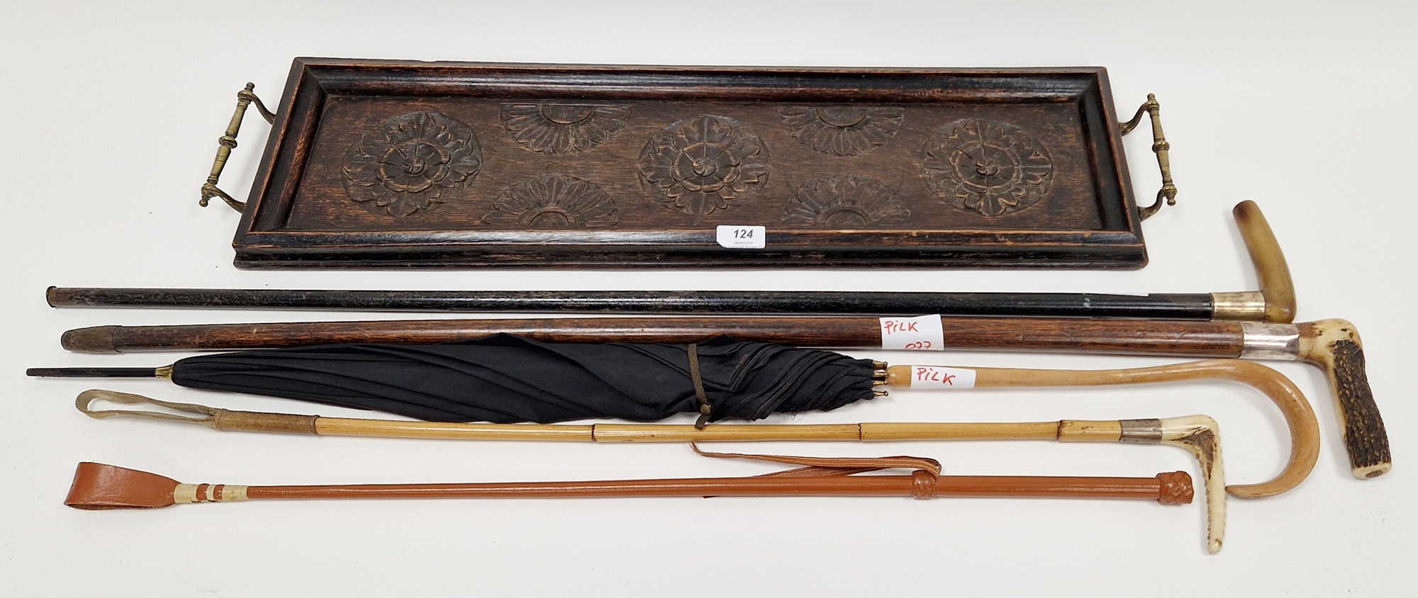 Varnished bamboo and horn hunting crop, a leather riding crop, an umbrella with a carved wooden - Image 2 of 2