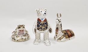 Three Royal Crown Derby bone china imari pattern paperweights comprising llama, old imari frog,