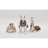 Three Royal Crown Derby bone china imari pattern paperweights comprising llama, old imari frog,