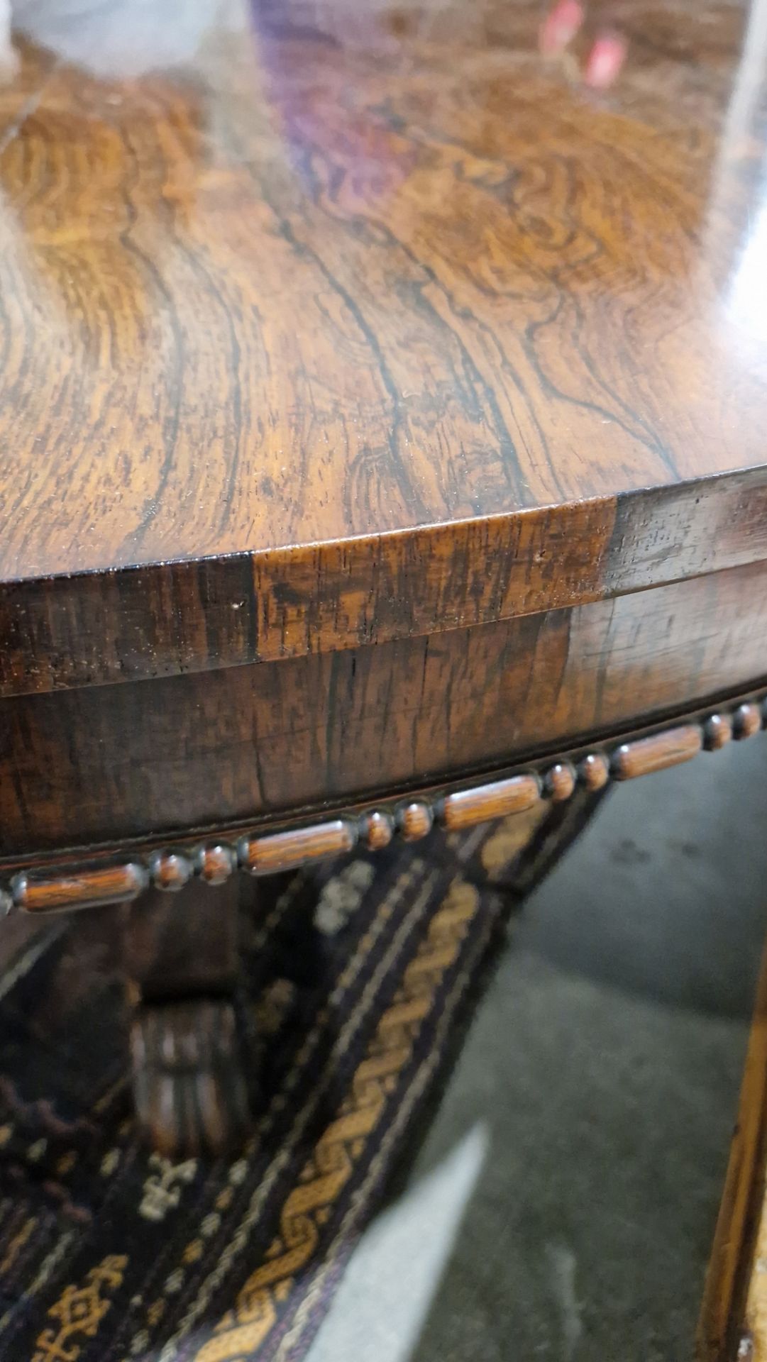 Large early Victorian rosewood tilt-top dining table of circular form, with carved floral central - Image 19 of 30