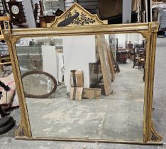 19th century gilt-framed overmantel mirror with painted decoration of a peacock amongst foliage,