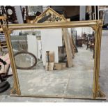 19th century gilt-framed overmantel mirror with painted decoration of a peacock amongst foliage,