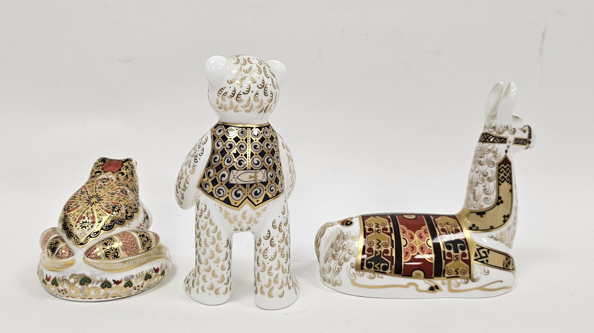 Three Royal Crown Derby bone china imari pattern paperweights comprising llama, old imari frog, - Image 2 of 5