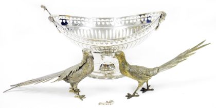 Large silver plated boat-shaped pedestal bowl, pierced border and mask handles, approximately 25.5cm