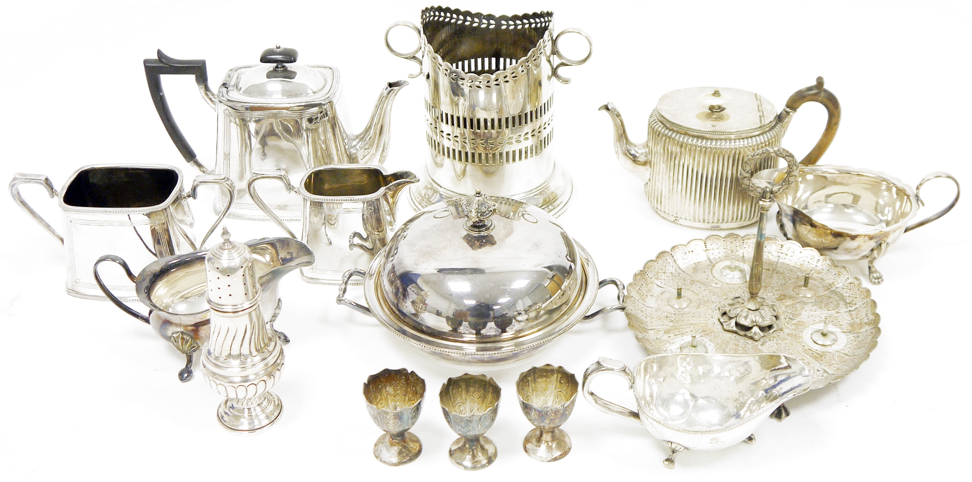 Collection of plated ware, including a three piece tea set; cream and milk jugs; entree dish and