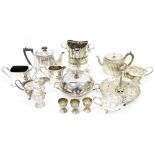 Collection of plated ware, including a three piece tea set; cream and milk jugs; entree dish and