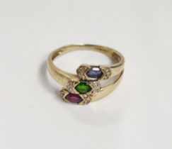 9ct gold, pink, green, blue stone and diamond triple crossover ring set three coloured elliptical