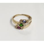 9ct gold, pink, green, blue stone and diamond triple crossover ring set three coloured elliptical