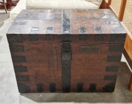 Victorian metal bound oak silver chest by Chapple & Mantell, the lid opening to reveal a variety