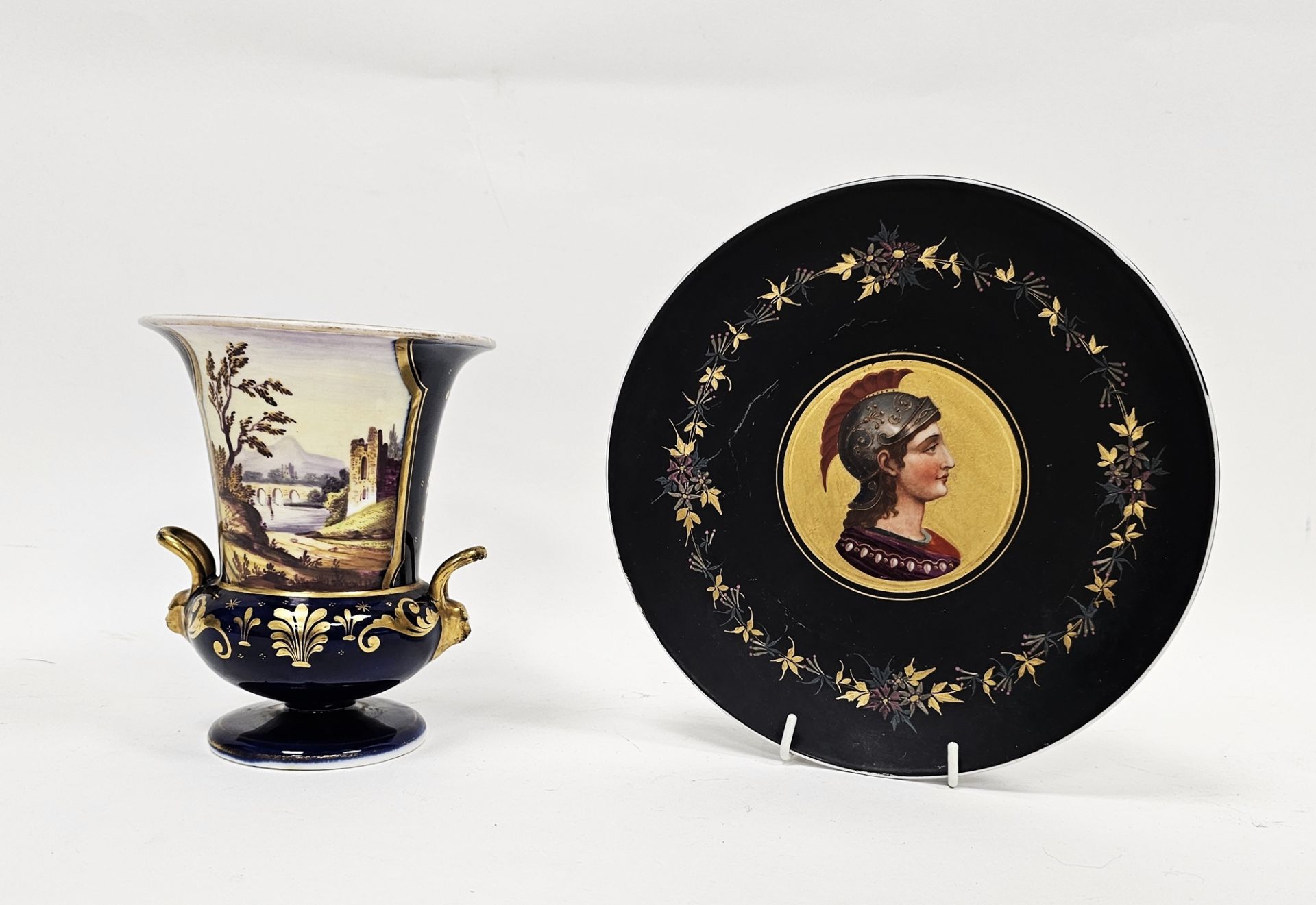 Early 19th century English porcelain dark-blue ground campana vase and a French porcelain matt