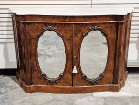 19th century burr walnut marble-topped chiffoniere, the two mirrored cupboard doors opening to