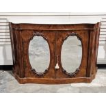 19th century burr walnut marble-topped chiffoniere, the two mirrored cupboard doors opening to
