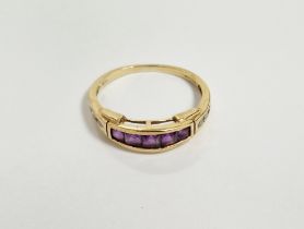 9ct gold, amethyst and diamond ring set five square amethysts and six small diamonds (some wear)