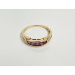 9ct gold, amethyst and diamond ring set five square amethysts and six small diamonds (some wear)