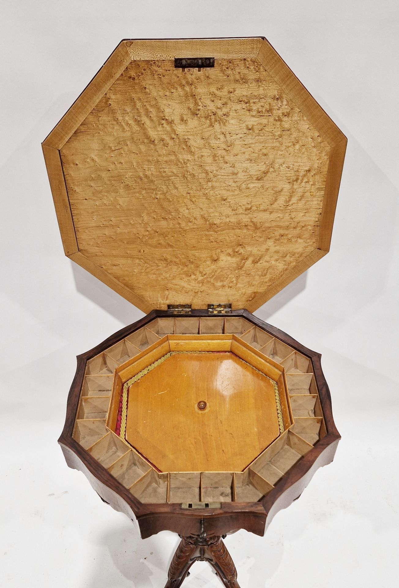 Victorian walnut sewing table of octagonal form, inlaid marquetry to the lid, opening to reveal - Image 2 of 2