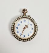 Early 20th century fob watch with cabochon gem set case, back and bezel, the enamel dial having blue