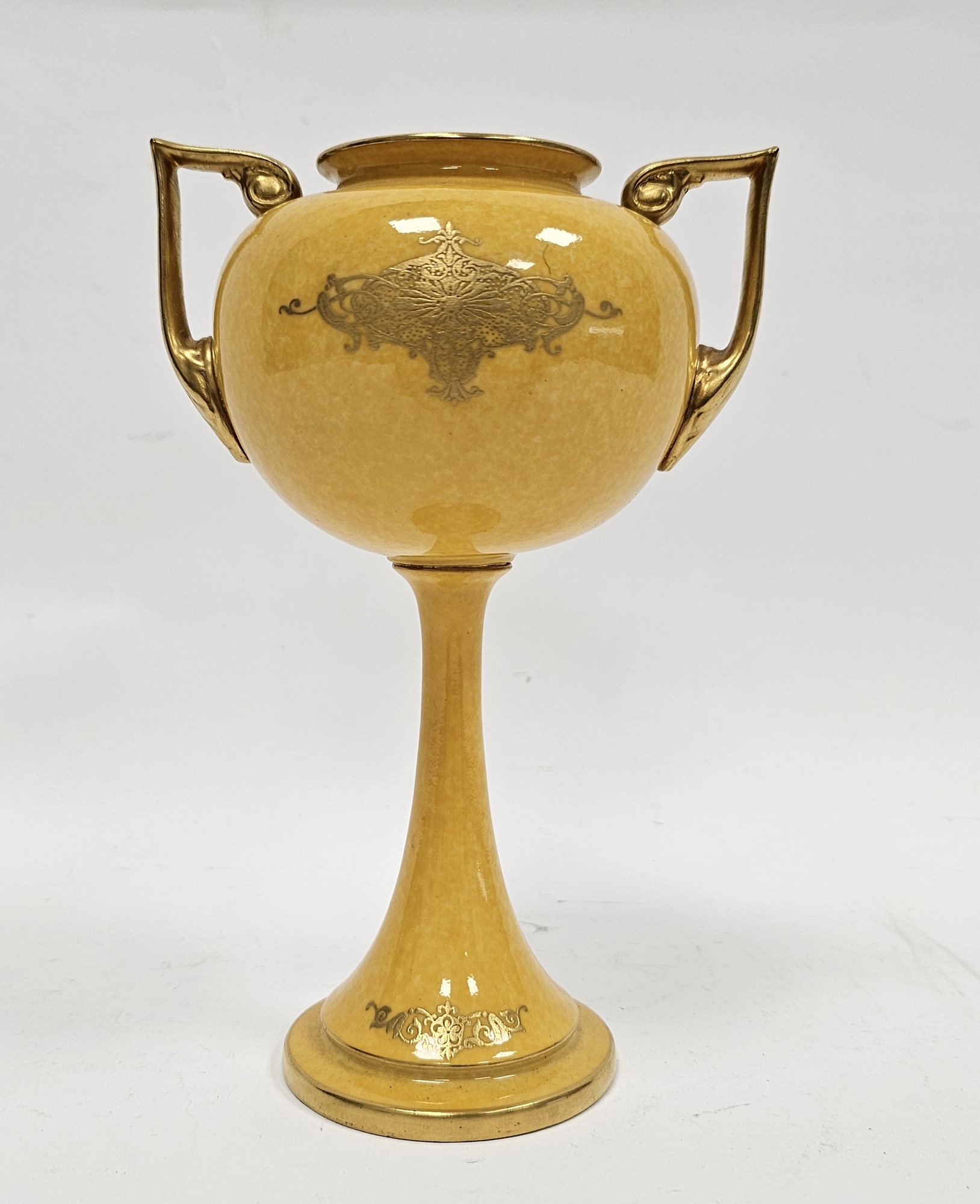 Early 20th century Royal Worcester yellow-ground tall bulbous two-handled vase, circa 1930, - Image 2 of 3