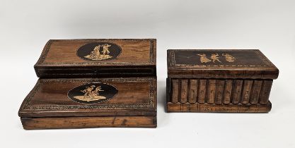 Sorrento ware walnut writing slope with two serpentine form hinged lids with marquetry inlaid oval