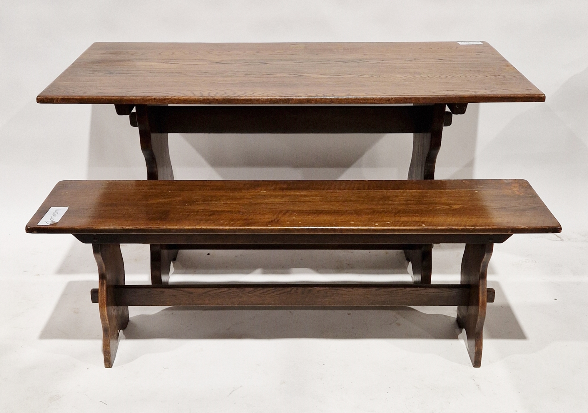 20th century oak dining table, 74cm high x 137cm long x 68cm deep, a matching bench, 137cm long - Image 2 of 2