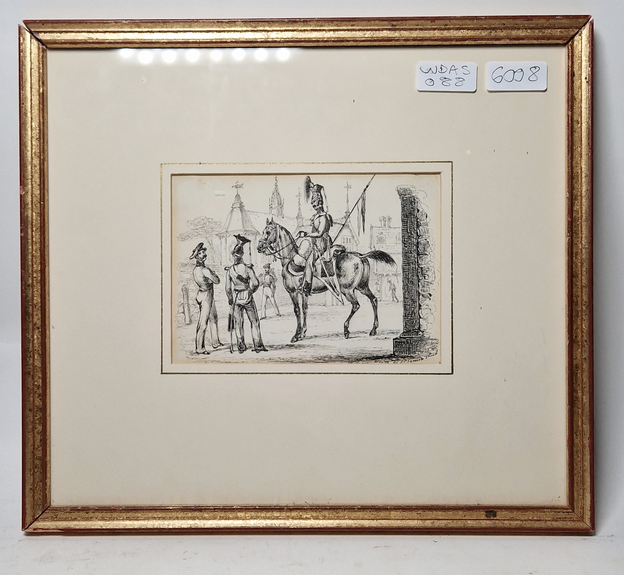 William Heath (1794/95-1840) Pen and ink drawing on paper Mounted cavalry officer talking to - Image 3 of 6