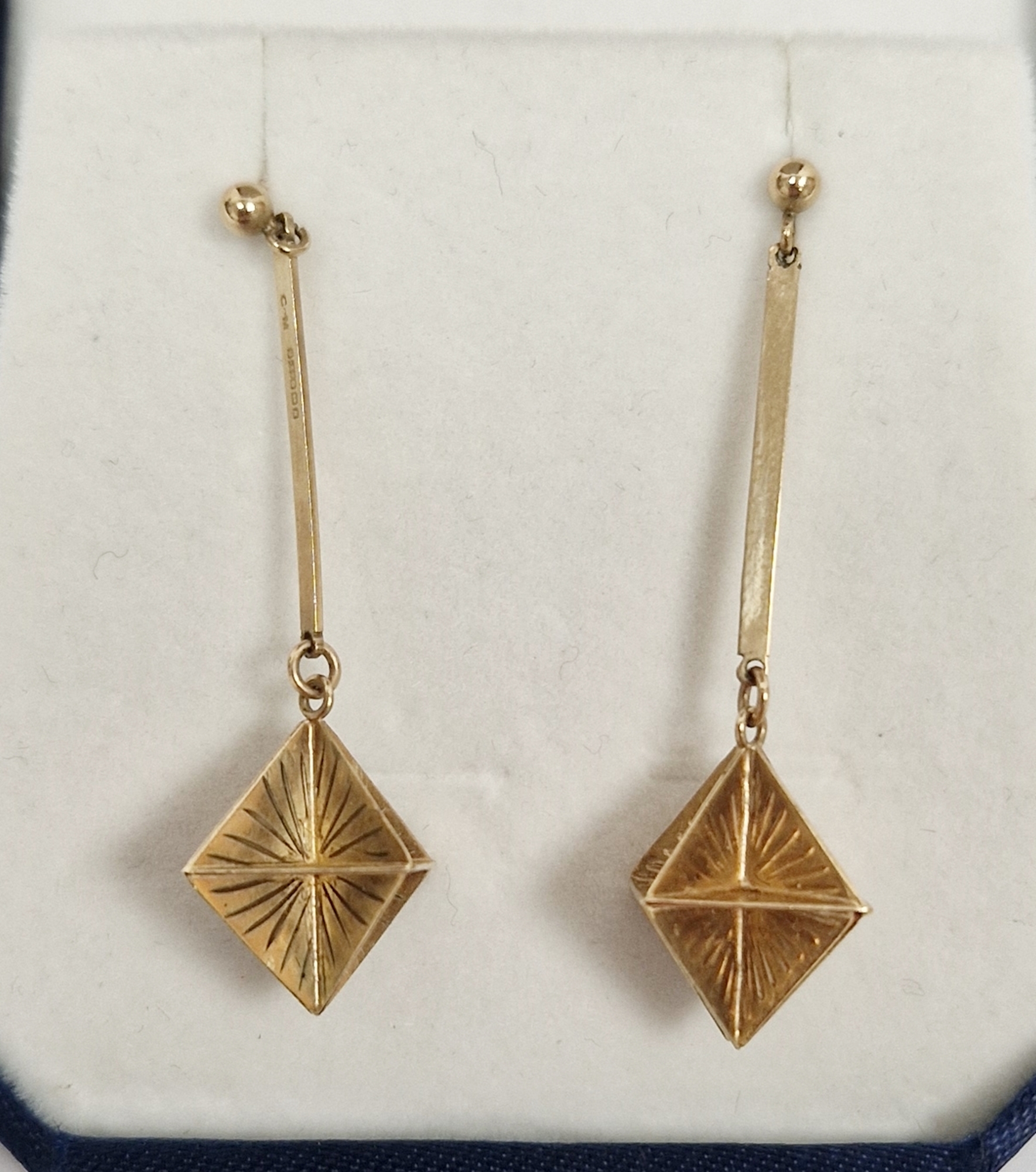 Pair 9ct gold pendant drop earrings, having trapezoid panel drop on plain bar, approx 3.7g