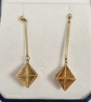 Pair 9ct gold pendant drop earrings, having trapezoid panel drop on plain bar, approx 3.7g