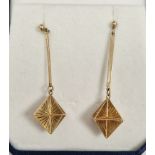 Pair 9ct gold pendant drop earrings, having trapezoid panel drop on plain bar, approx 3.7g