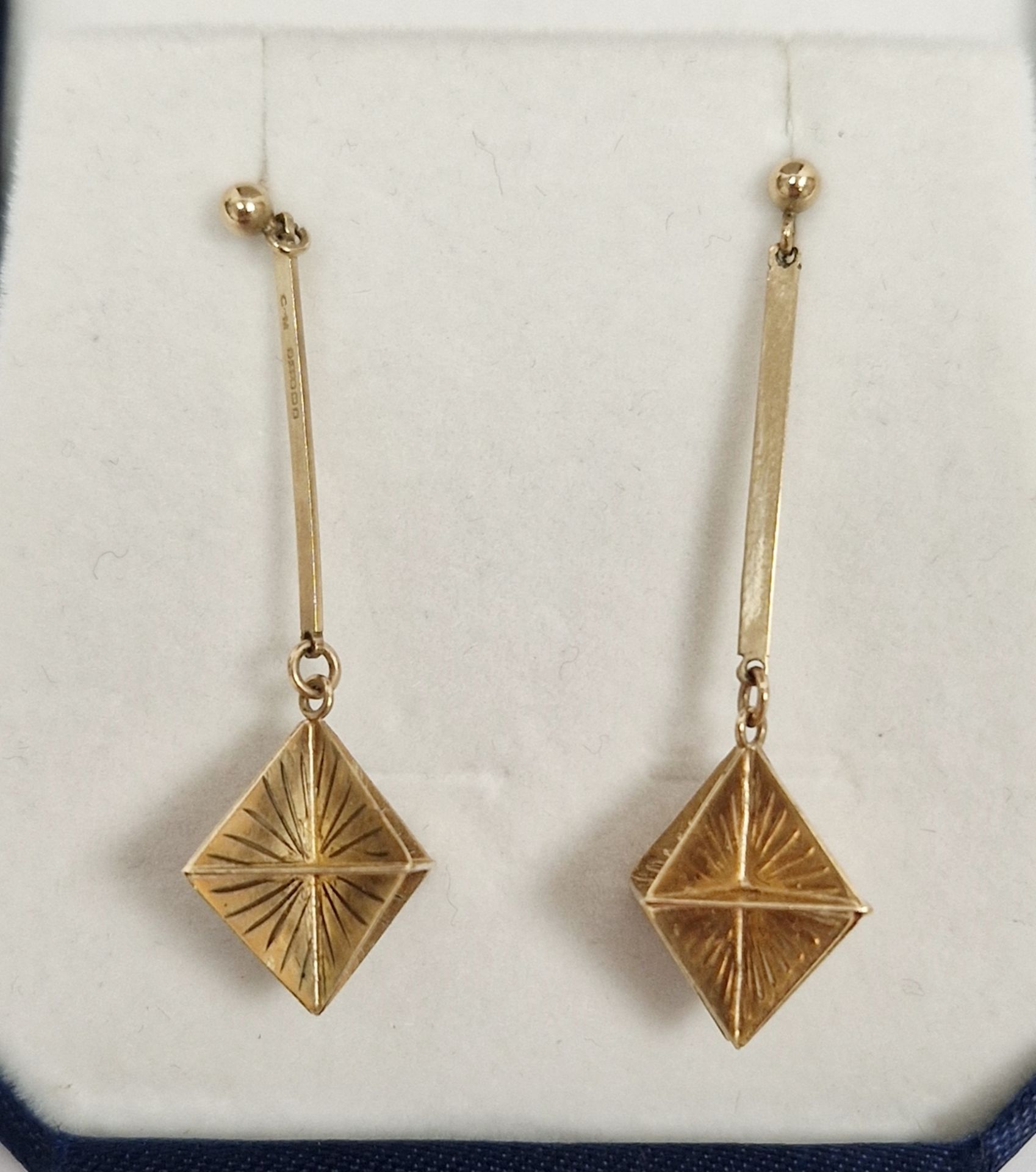 Pair 9ct gold pendant drop earrings, having trapezoid panel drop on plain bar, approx 3.7g