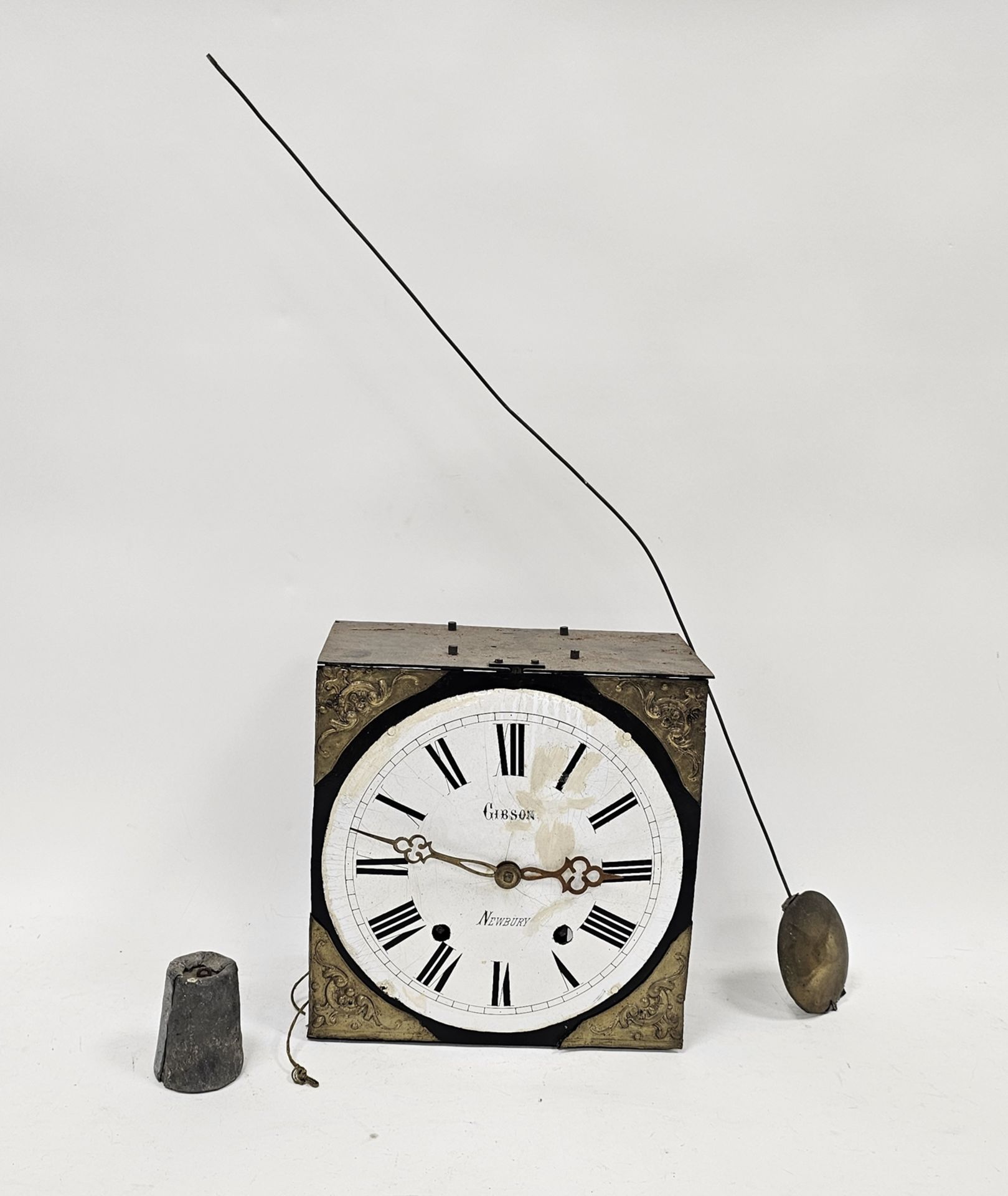 19th century weight driven wall clock of square form, the white painted convex dial signed Gibson, - Image 2 of 3