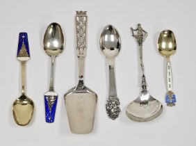 A collection of various Scandinavian silver-coloured spoons, including a David Anderson enamelled